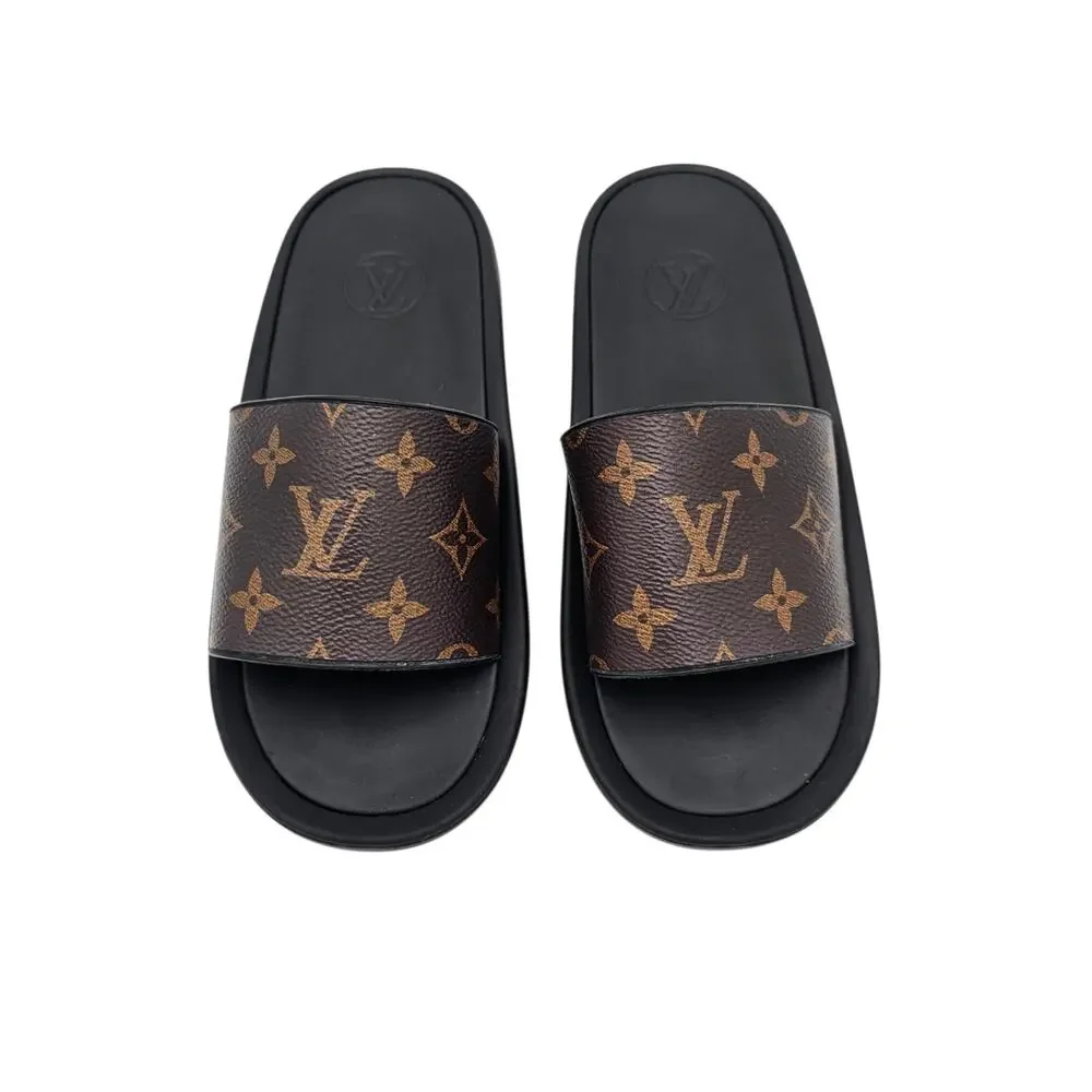 Louis Vuitton Sunbath Slide Sandal Flat Gold Brown Monogram Canvas Size 37 US 7 - Picture 3 of 10